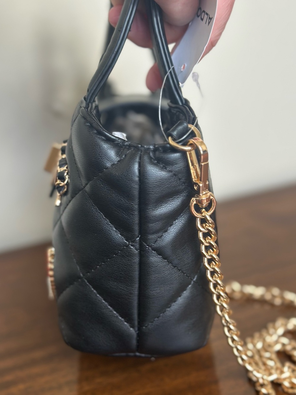 NWT - Aldo Black Quilted Crossbody with Gold Chain and Decorative Pins - Picture 7 of 11